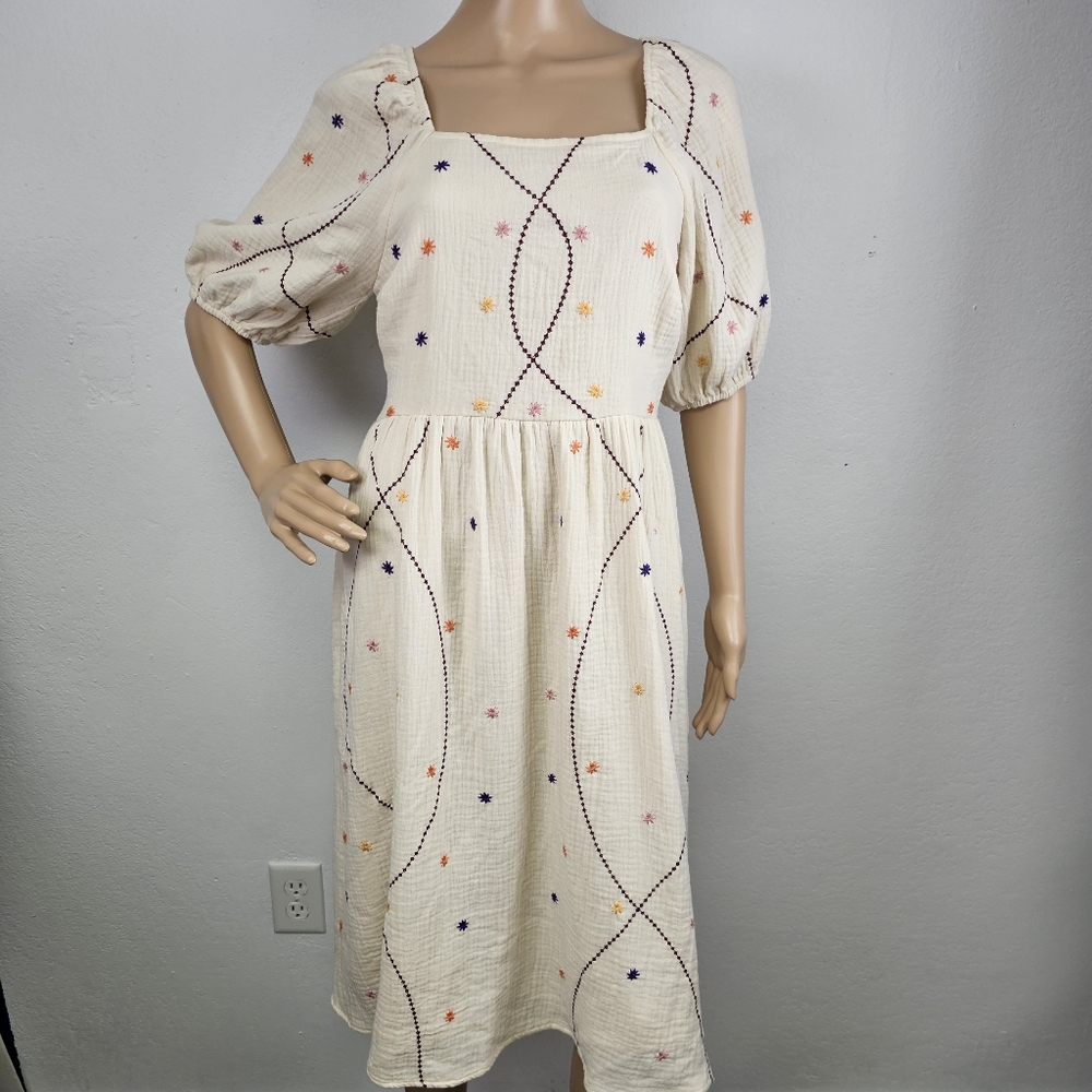 Polagram Peasant Boho Country Dress Puff Sleeves Embroidered Smocked Back Sz S